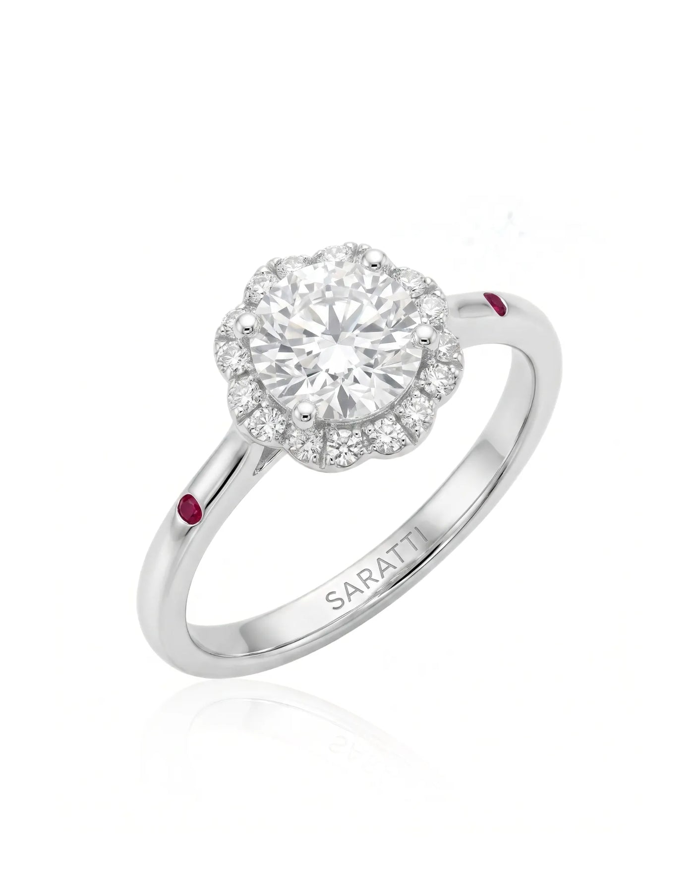 LILA 1 carat round natural diamond halo engagement ring with natural ruby shoulder accents in platinum, 45-degree view | SARATTI