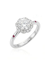 LILA 1 carat round natural diamond halo engagement ring with natural ruby shoulder accents in platinum, 45-degree view | SARATTI