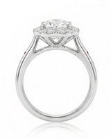LILA 1 carat round natural diamond halo engagement ring with natural ruby shoulder accents in platinum, side profile showing four-prong crown and open gallery | SARATTI