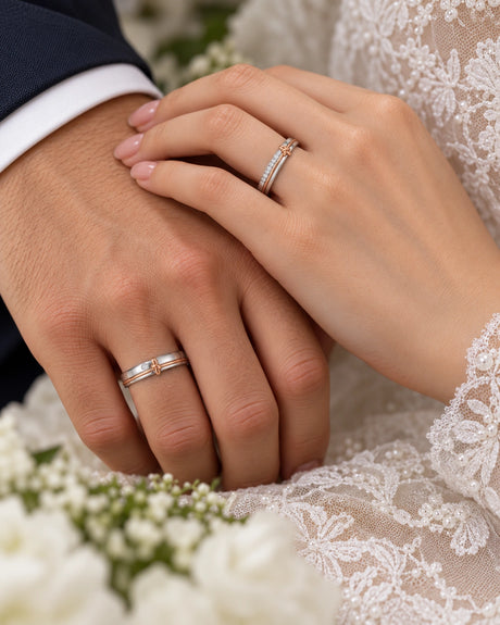 The Love Notes Wedding Band Set in 18K Rose & White Gold on Couple | SARATTI