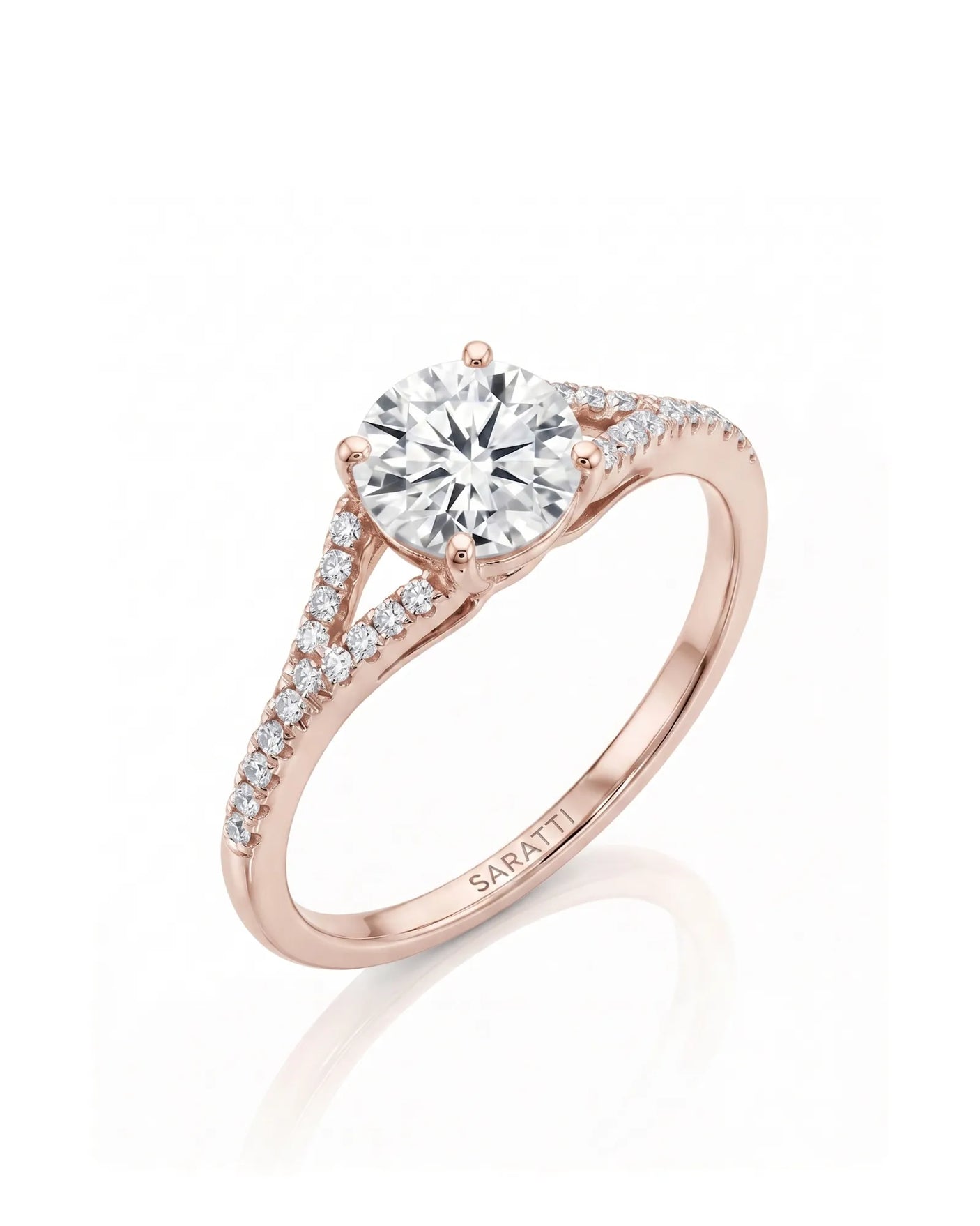 LUCIA 1 carat round natural diamond split-shank engagement ring with pavé shoulders in 18K rose gold, 45-degree view | SARATTI