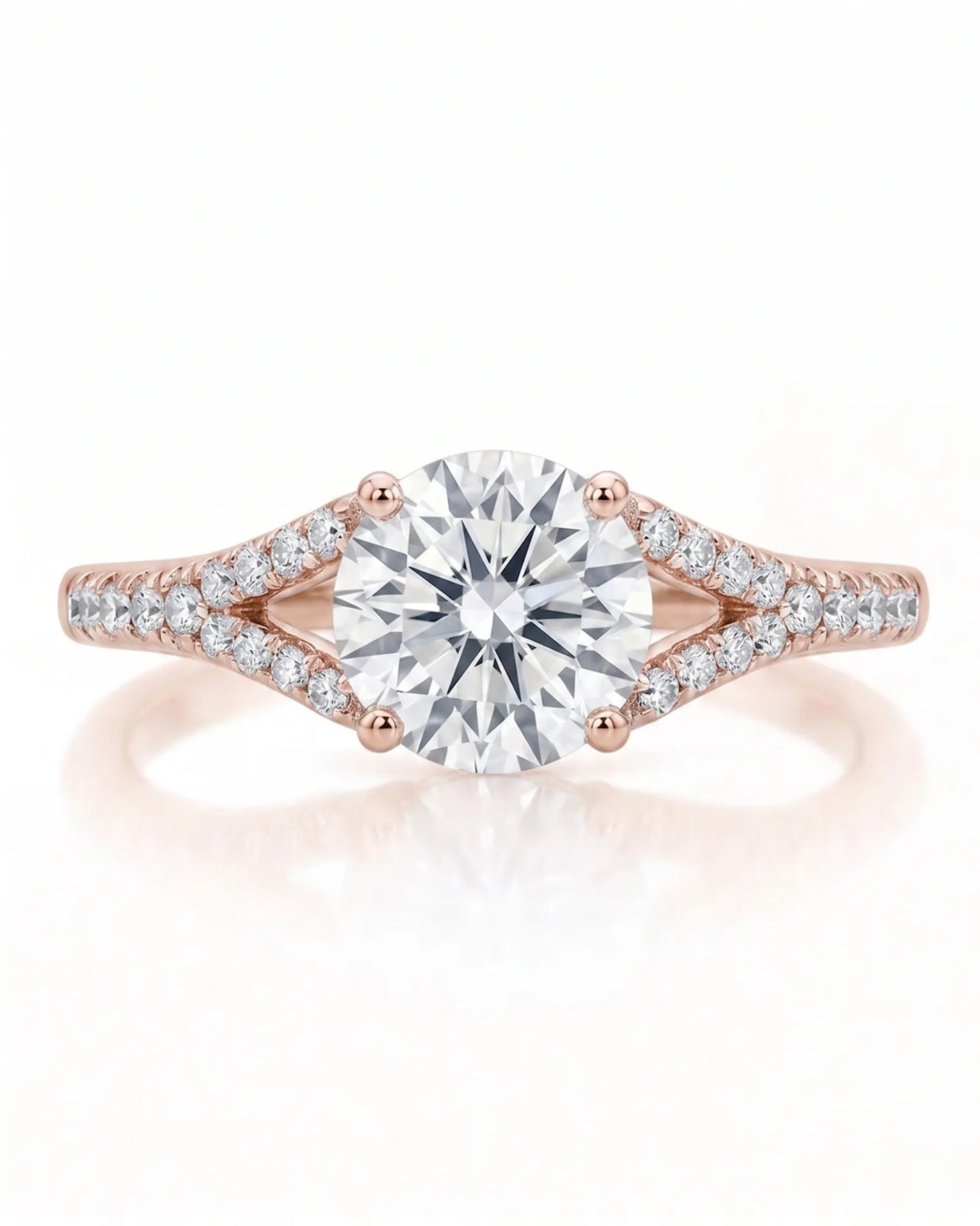 LUCIA 1 carat round natural diamond split-shank engagement ring with pavé shoulders in 18K rose gold, front view | SARATTI