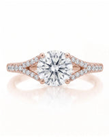 LUCIA 1 carat round natural diamond split-shank engagement ring with pavé shoulders in 18K rose gold, front view | SARATTI