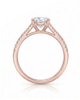LUCIA 1 carat round natural diamond split-shank engagement ring with pavé shoulders in 18K rose gold, side profile showing four-prong crown and open gallery | SARATTI