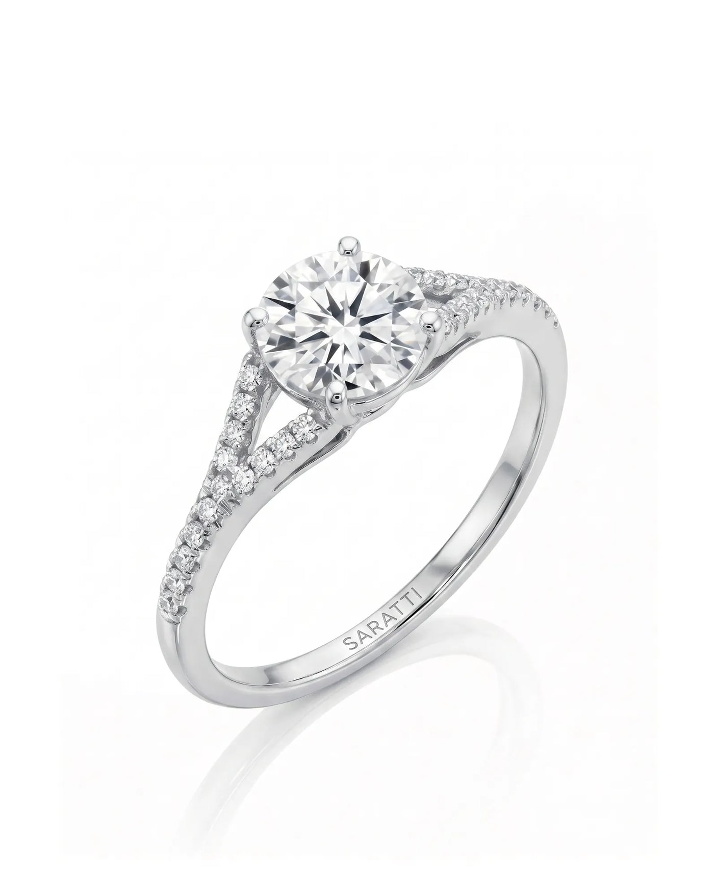 LUCIA 1 carat round natural diamond split-shank engagement ring with pavé shoulders in 18K white gold, 45-degree view | SARATTI