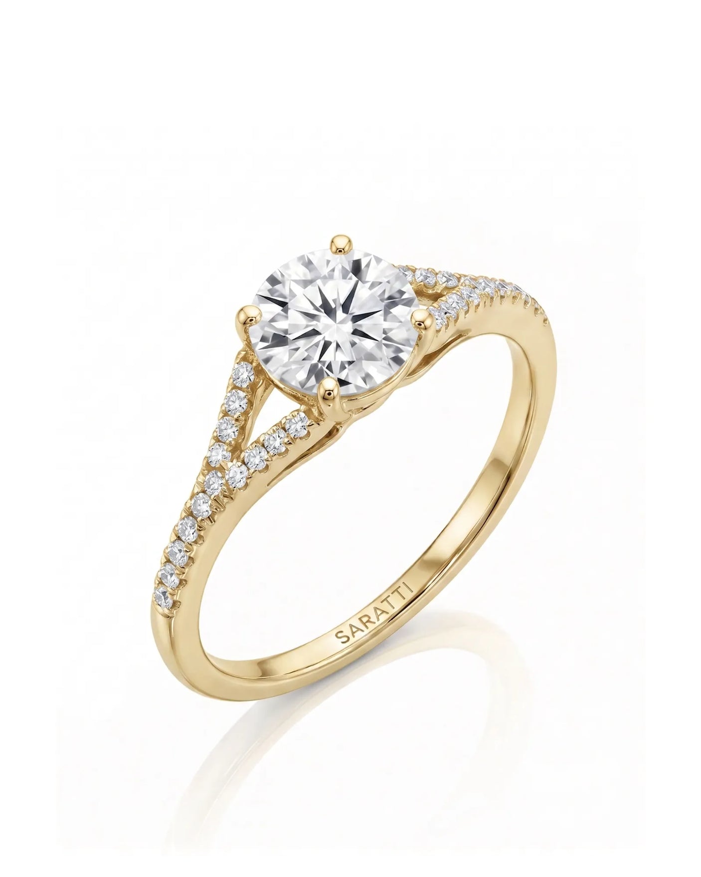 LUCIA 1 carat round natural diamond split-shank engagement ring with pavé shoulders in 18K yellow gold, 45-degree view | SARATTI