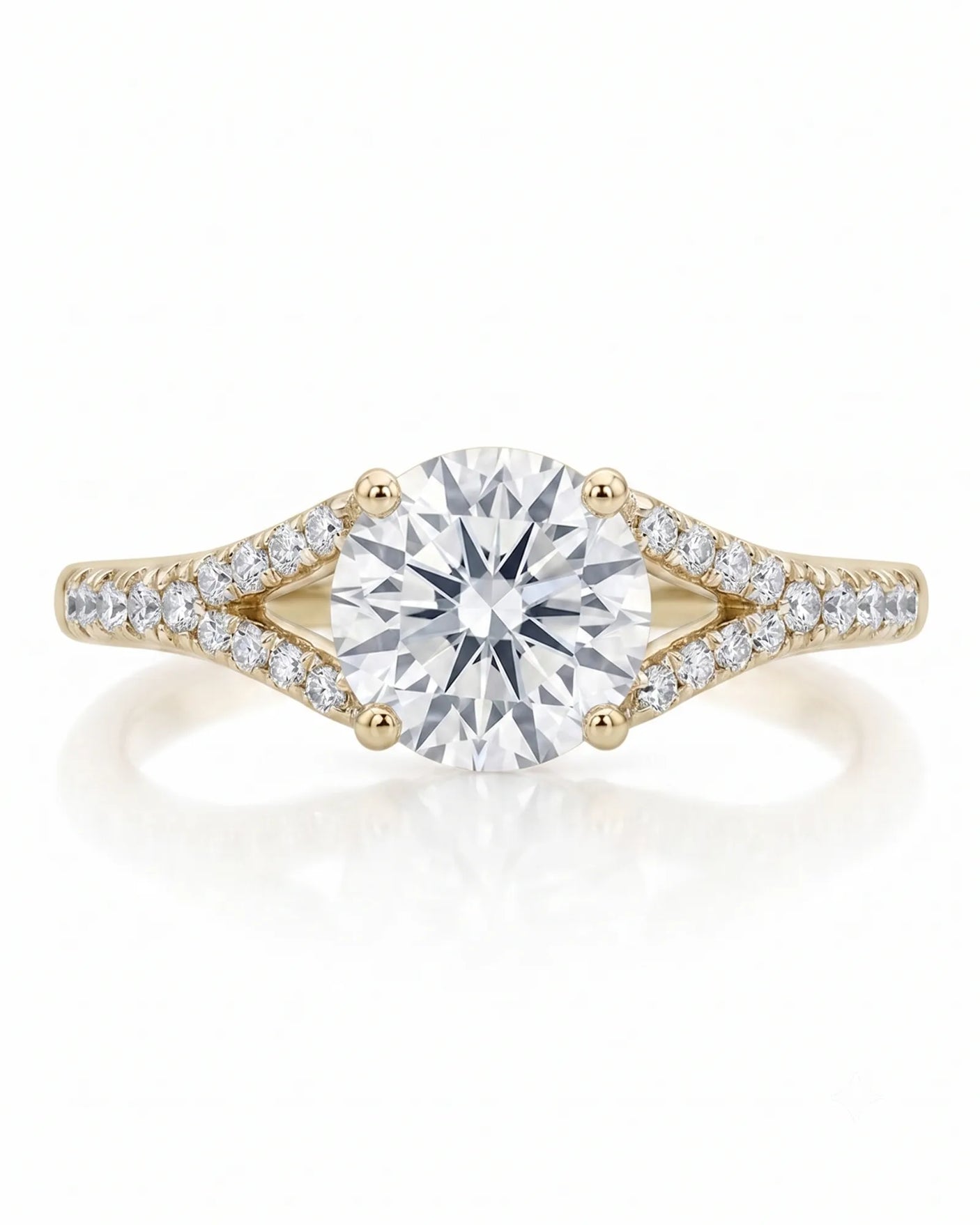 LUCIA 1 carat round natural diamond split-shank engagement ring with pavé shoulders in 18K yellow gold, front view | SARATTI