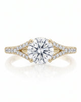LUCIA 1 carat round natural diamond split-shank engagement ring with pavé shoulders in 18K yellow gold, front view | SARATTI