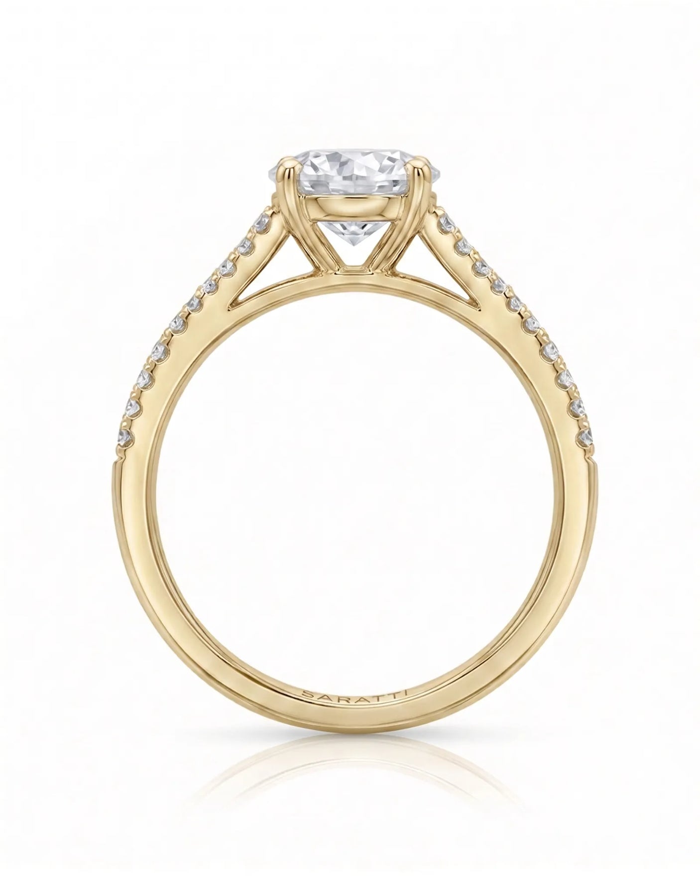 LUCIA 1 carat round natural diamond split-shank engagement ring with pavé shoulders in 18K yellow gold, side profile showing four-prong crown and open gallery | SARATTI