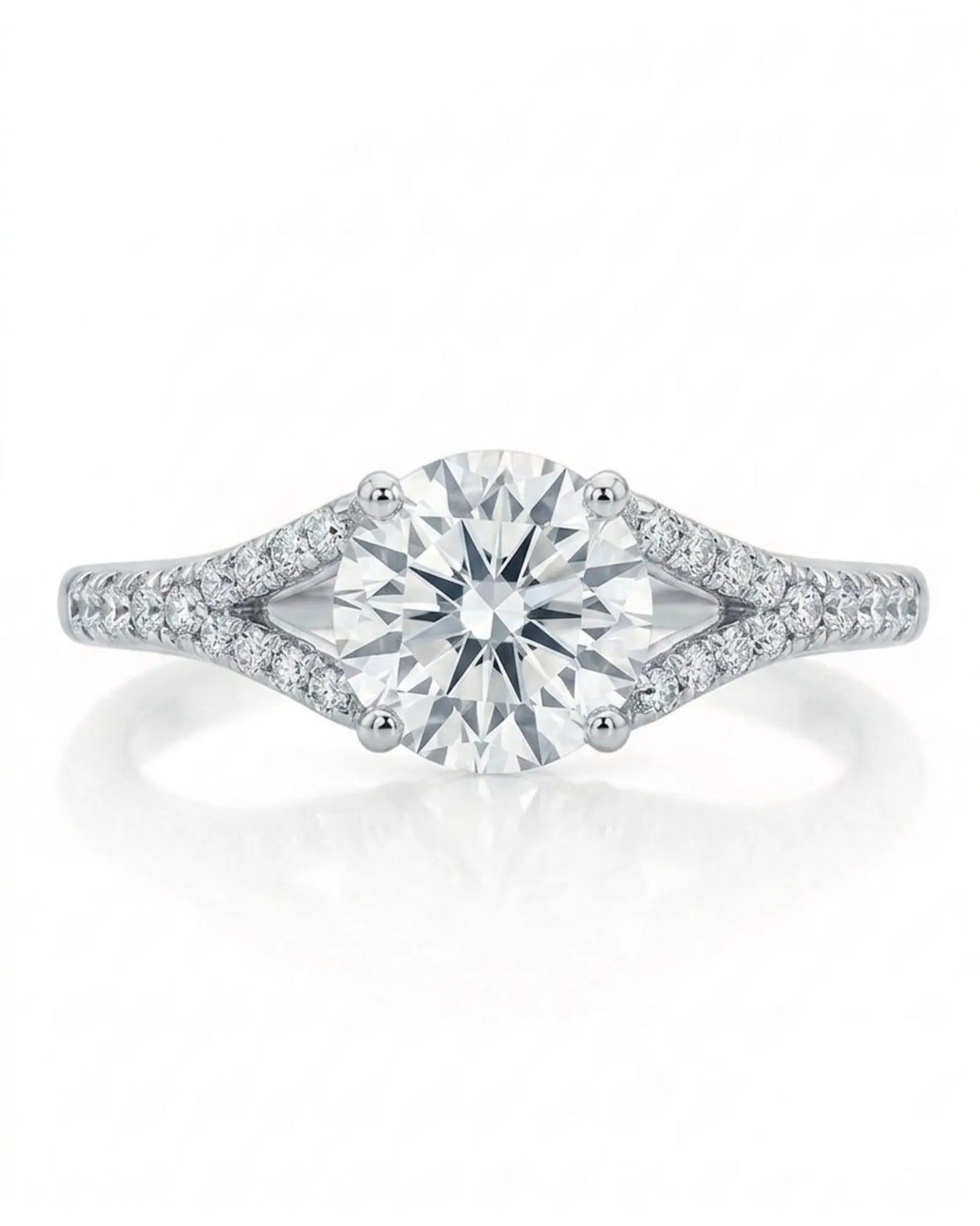LUCIA 1 carat round natural diamond split-shank engagement ring with pavé shoulders in platinum, front view | SARATTI