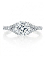 LUCIA 1 carat round natural diamond split-shank engagement ring with pavé shoulders in platinum, front view | SARATTI