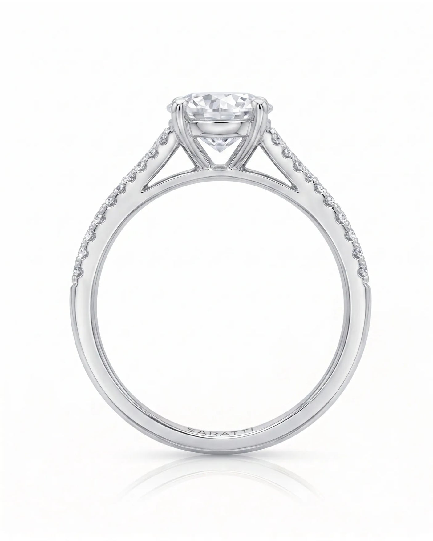 LUCIA 1 carat round natural diamond split-shank engagement ring with pavé shoulders in platinum, side profile showing four-prong crown and open gallery | SARATTI
