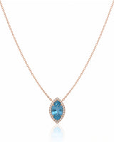 LUMÉA marquise cut Aquamarine diamond halo pendant necklace in Rose Gold, front view | SARATTI