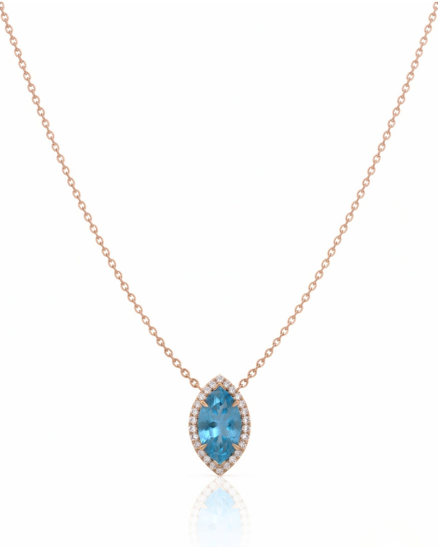 LUMÉA marquise cut Aquamarine diamond halo pendant necklace in Rose Gold, front view | SARATTI