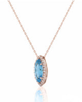 LUMÉA marquise cut Aquamarine diamond halo pendant necklace in Rose Gold, side profile | SARATTI