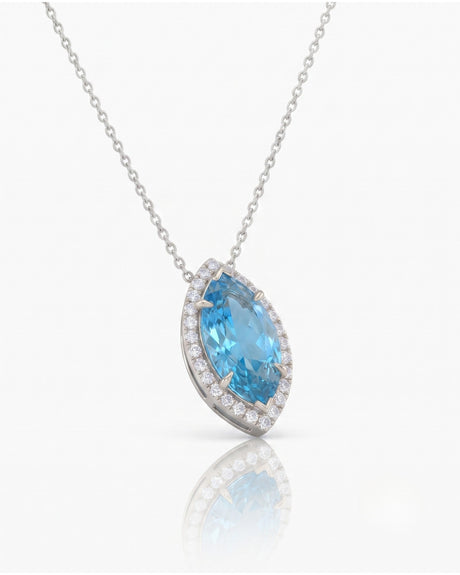 LUMÉA marquise cut Aquamarine diamond halo pendant necklace in White Gold, 45-degree view | SARATTI