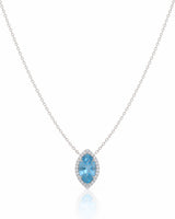 LUMÉA marquise cut Aquamarine diamond halo pendant necklace in White Gold, front view | SARATTI