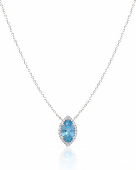 LUMÉA marquise cut Aquamarine diamond halo pendant necklace in White Gold, front view | SARATTI