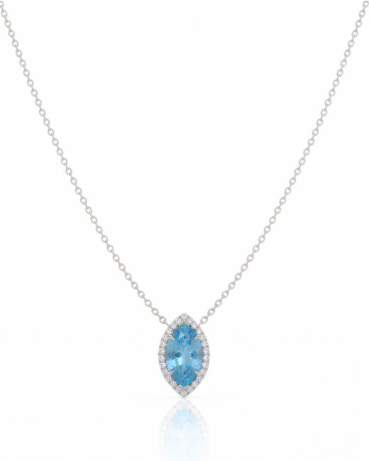 LUMÉA marquise cut Aquamarine diamond halo pendant necklace in White Gold, front view | SARATTI