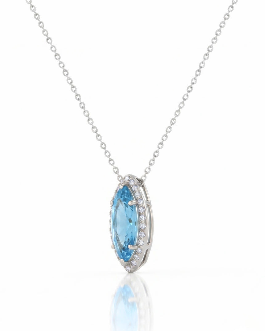 LUMÉA marquise cut Aquamarine diamond halo pendant necklace in White Gold, side profile | SARATTI