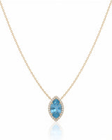LUMÉA marquise cut Aquamarine diamond halo pendant necklace in Yellow Gold, front view | SARATTI