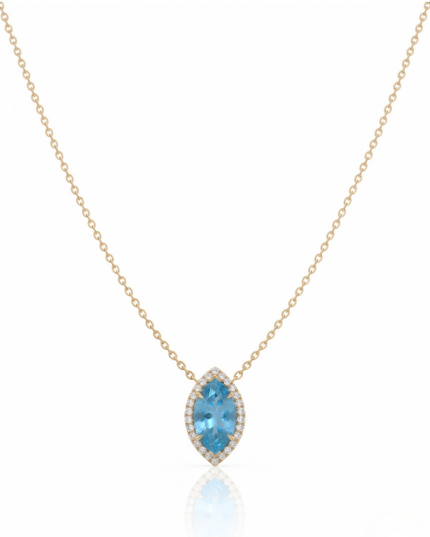 LUMÉA marquise cut Aquamarine diamond halo pendant necklace in Yellow Gold, front view | SARATTI