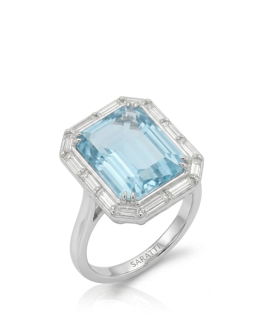 Lumière Octave emerald-cut Aquamarine baguette diamond halo ring setting in Platinum, 45-degree view | SARATTI