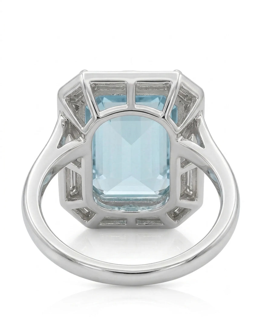 Lumière Octave emerald-cut Aquamarine ring setting in Platinum, rear profile showing elevated open gallery and polished band | SARATTI