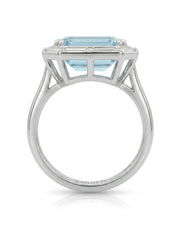 Lumière Octave emerald-cut Aquamarine ring setting in Platinum, top view showing the complete baguette diamond frame | SARATTI