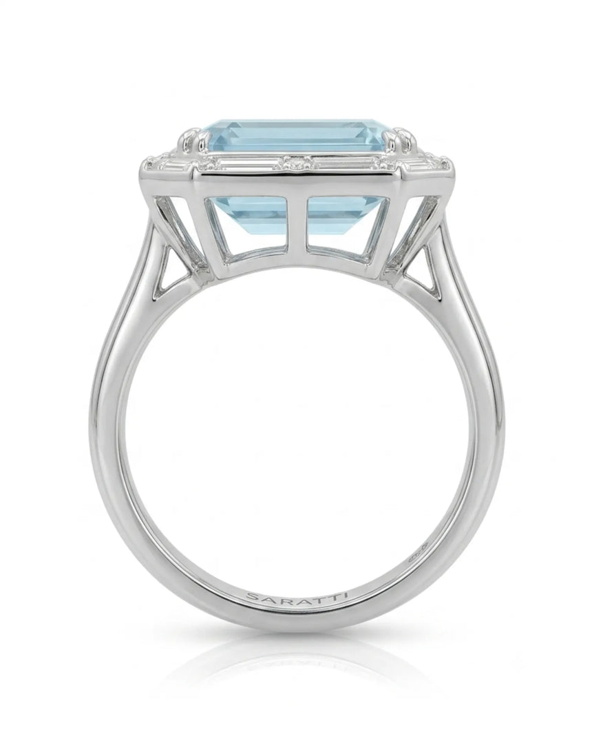 Lumière Octave emerald-cut Aquamarine ring setting in Platinum, top view showing the complete baguette diamond frame | SARATTI