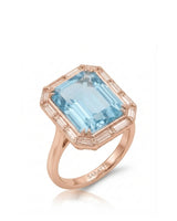 Lumière Octave emerald-cut Aquamarine baguette diamond halo ring setting in rose gold, 45-degree view | SARATTI