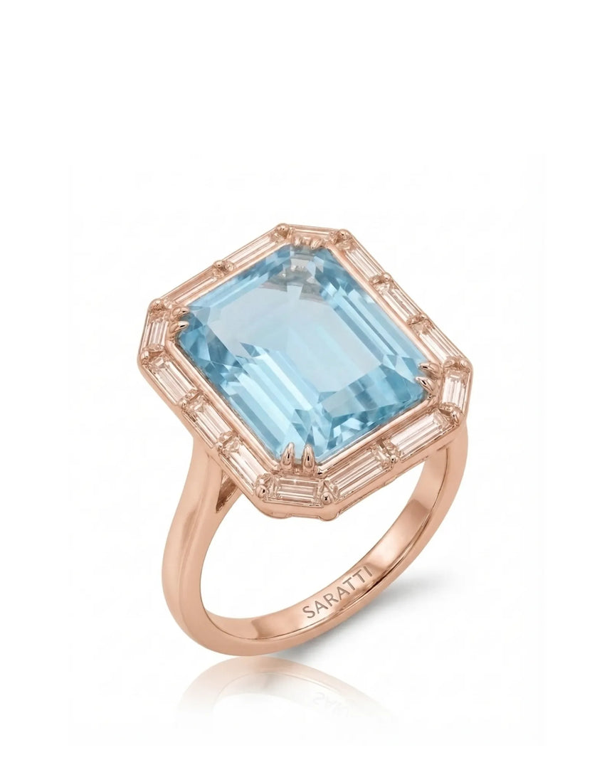 Lumière Octave emerald-cut Aquamarine baguette diamond halo ring setting in rose gold, 45-degree view | SARATTI