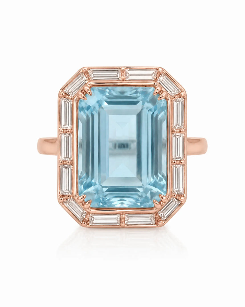 Lumière Octave emerald-cut Aquamarine ring setting in rose gold, front view with octagonal baguette diamond frame | SARATTI