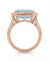 Lumière Octave emerald-cut Aquamarine ring setting in rose gold, top view showing the complete baguette diamond frame | SARATTI