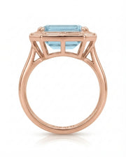 Lumière Octave emerald-cut Aquamarine ring setting in rose gold, top view showing the complete baguette diamond frame | SARATTI
