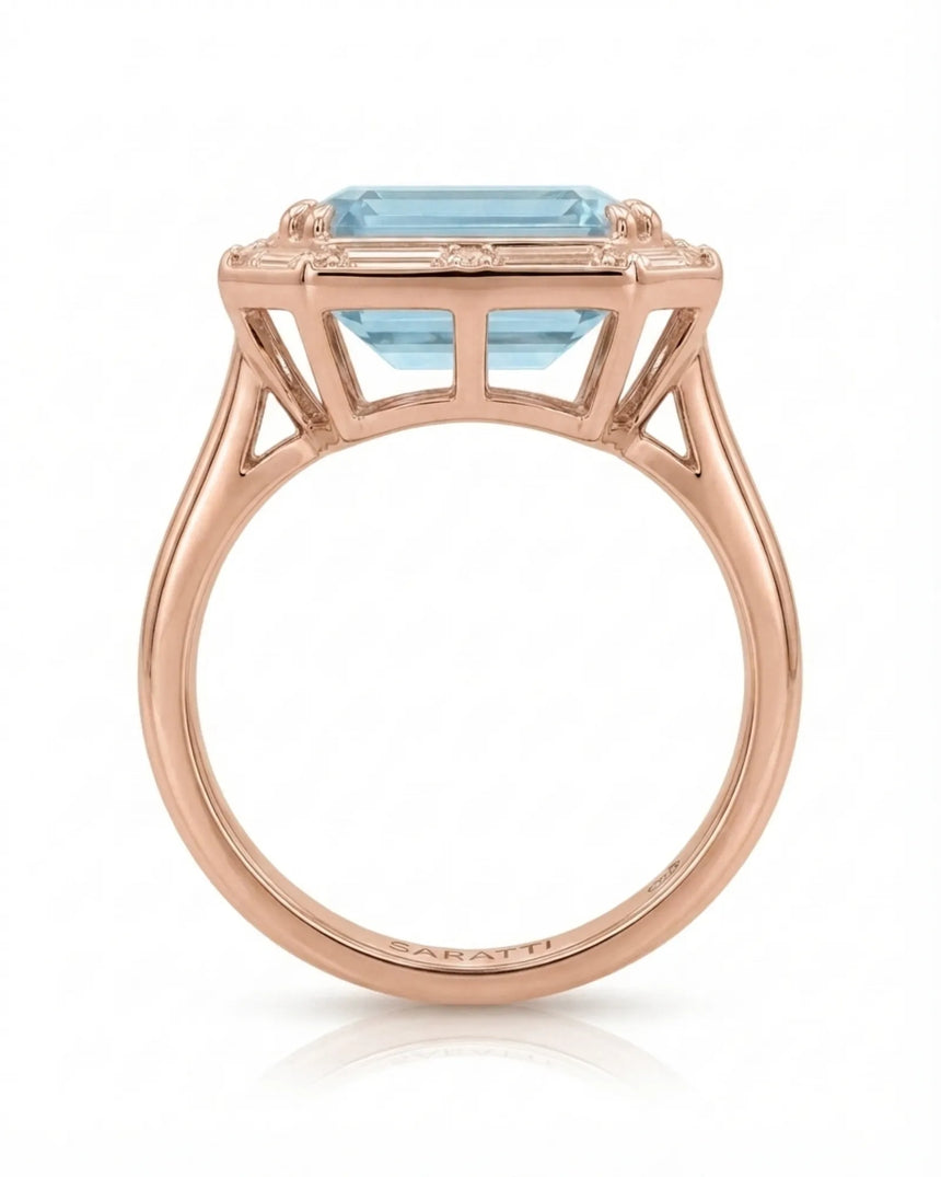 Lumière Octave emerald-cut Aquamarine ring setting in rose gold, top view showing the complete baguette diamond frame | SARATTI