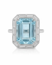 Lumière Octave emerald-cut Aquamarine ring setting in white gold, front view with octagonal baguette diamond frame | SARATTI