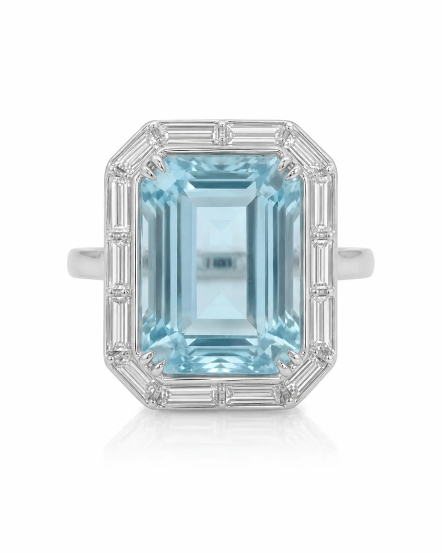 Lumière Octave emerald-cut Aquamarine ring setting in white gold, front view with octagonal baguette diamond frame | SARATTI