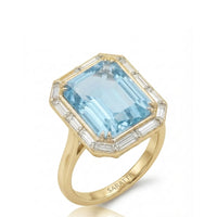 Lumière Octave – Emerald Cut Aquamarine Baguette Diamond Halo Ring Setting