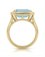 Lumière Octave emerald-cut Aquamarine ring setting in yellow gold, rear profile showing elevated open gallery and polished band | SARATTI