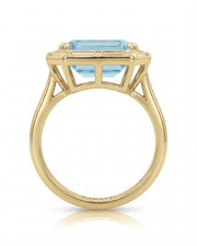Lumière Octave emerald-cut Aquamarine ring setting in yellow gold, rear profile showing elevated open gallery and polished band | SARATTI