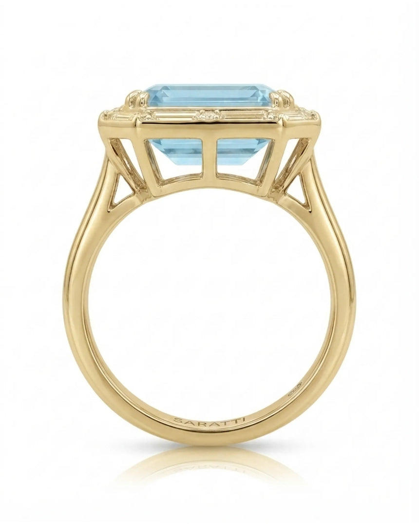 Lumière Octave emerald-cut Aquamarine ring setting in yellow gold, rear profile showing elevated open gallery and polished band | SARATTI