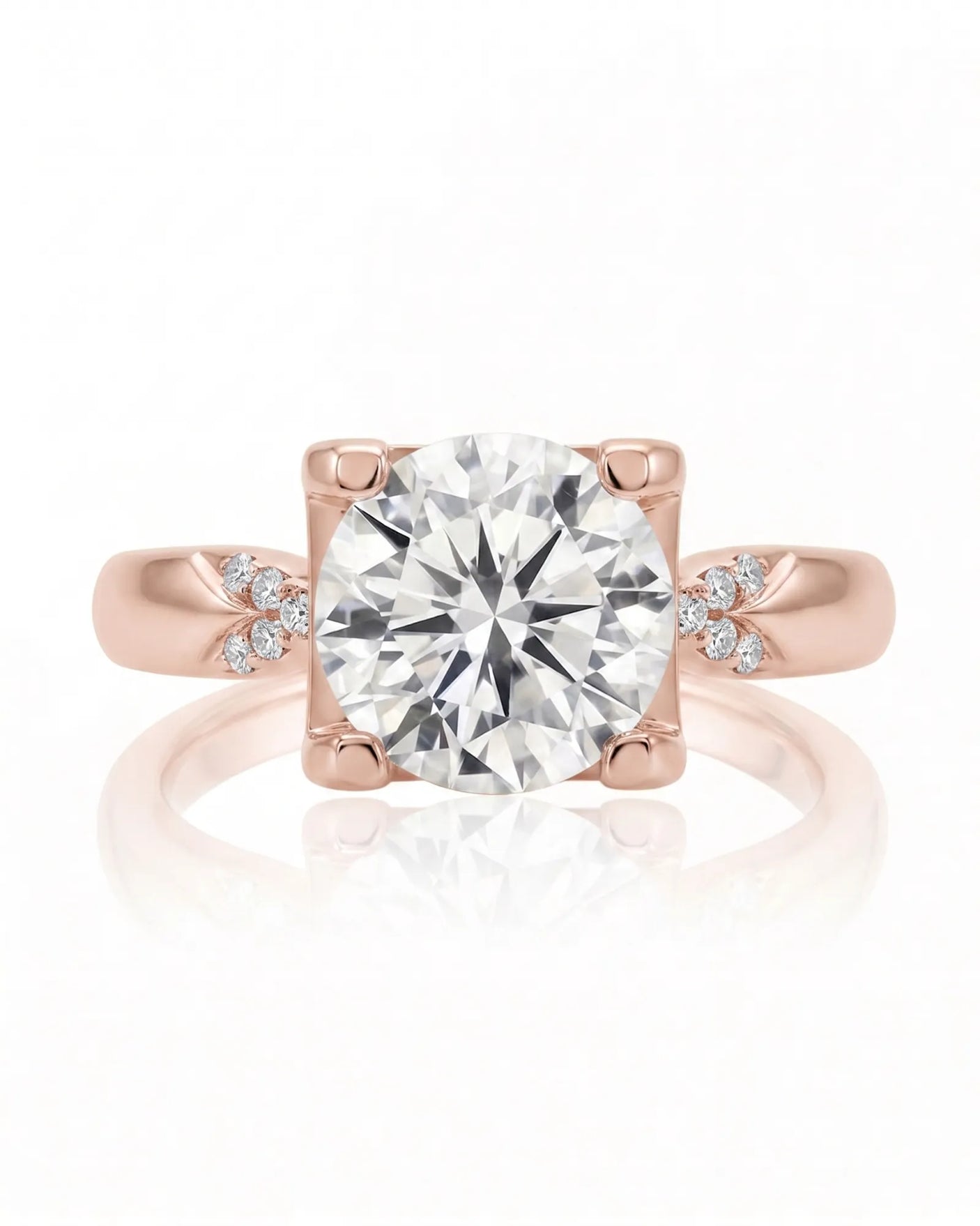 LUNA 1 carat round natural diamond four-prong engagement ring with natural diamond shoulders in 18K rose gold, front view | SARATTI