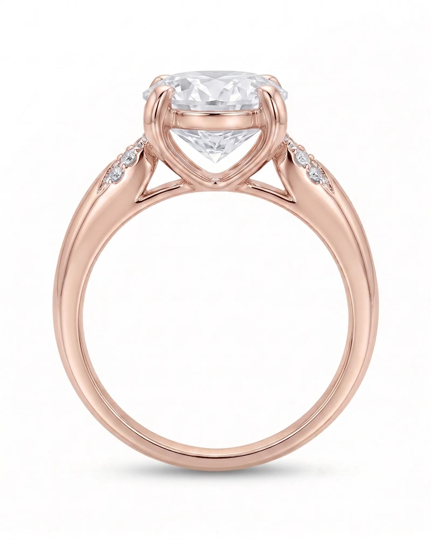 LUNA 1 carat round natural diamond four-prong engagement ring with natural diamond shoulders in 18K rose gold, side profile showing open heart gallery | SARATTI