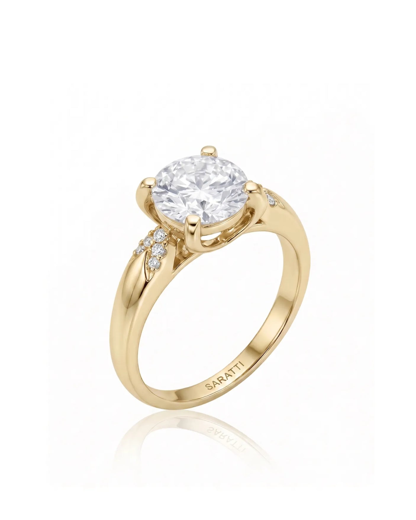 LUNA 1 carat round natural diamond four-prong engagement ring with natural diamond shoulders in 18K yellow gold, 45-degree view | SARATTI