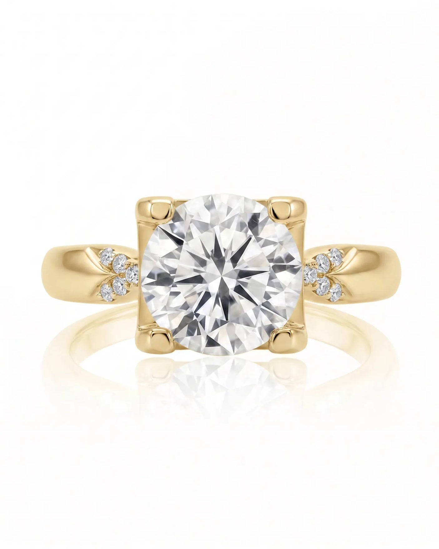 LUNA 1 carat round natural diamond four-prong engagement ring with natural diamond shoulders in 18K yellow gold, front view | SARATTI