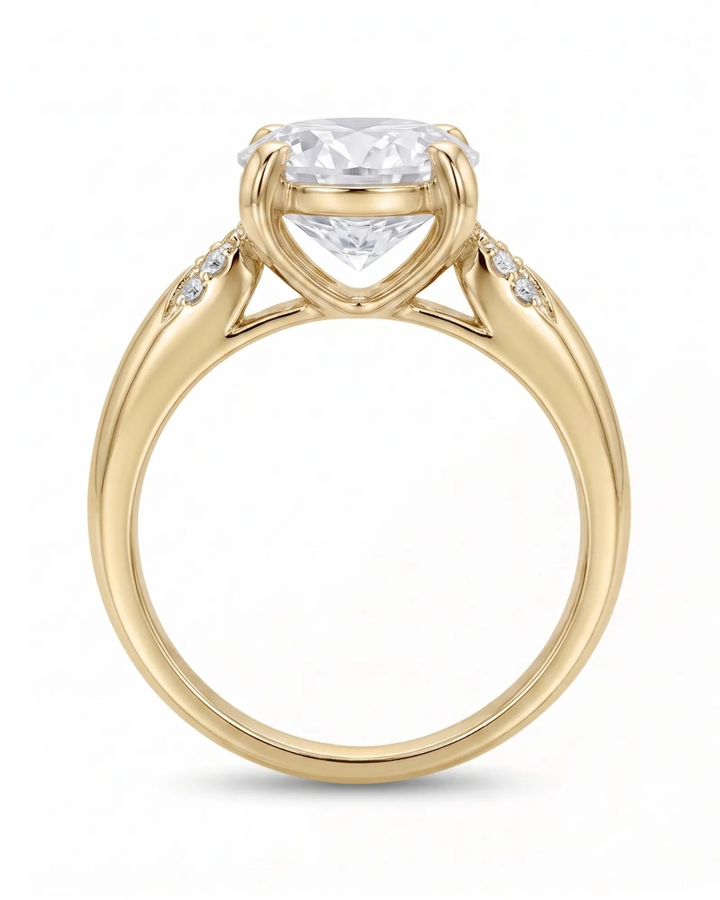 LUNA 1 carat round natural diamond four-prong engagement ring with natural diamond shoulders in 18K yellow gold, side profile showing open heart gallery | SARATTI