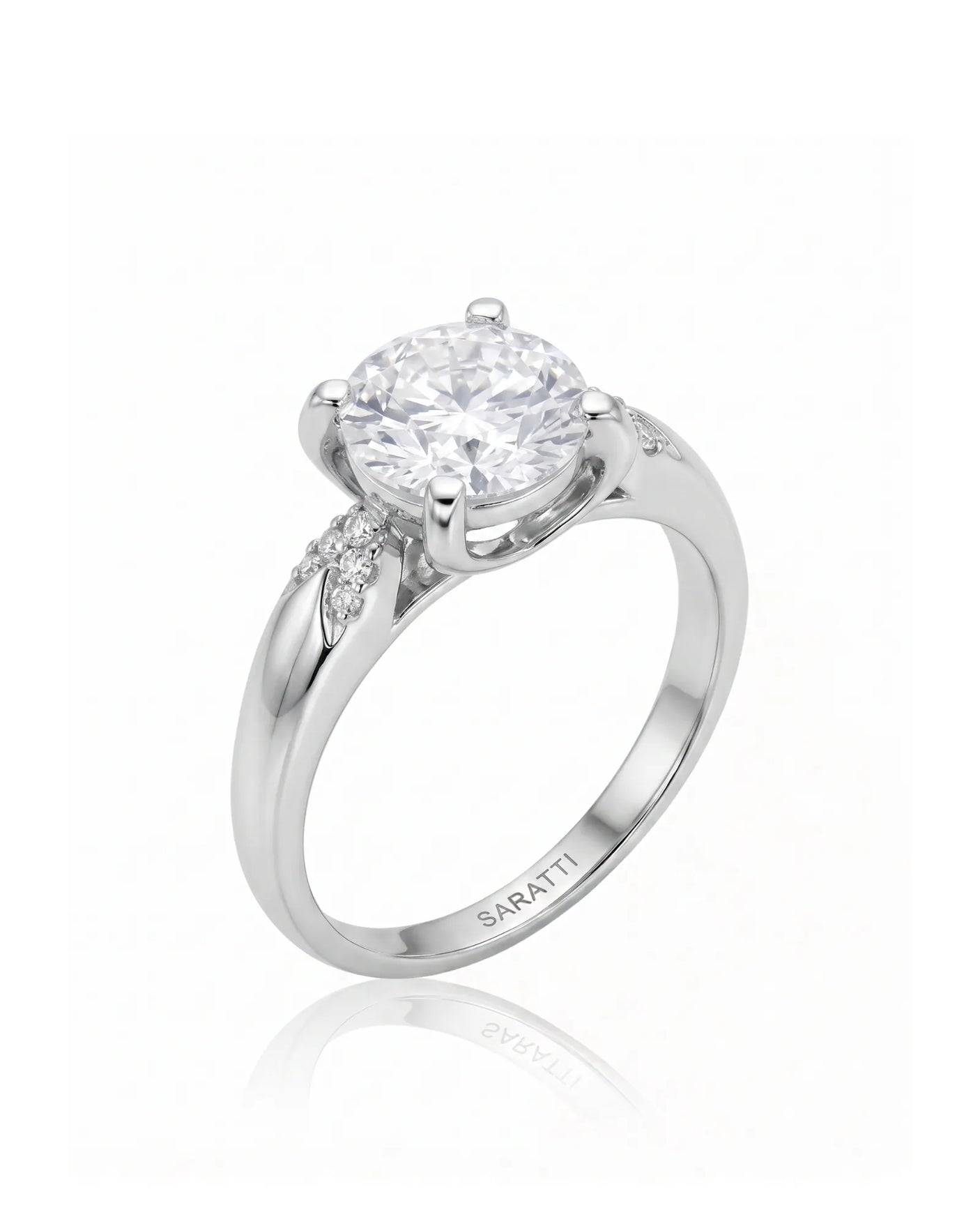 LUNA 1 carat round natural diamond four-prong engagement ring with natural diamond shoulders in platinum, 45-degree view | SARATTI
