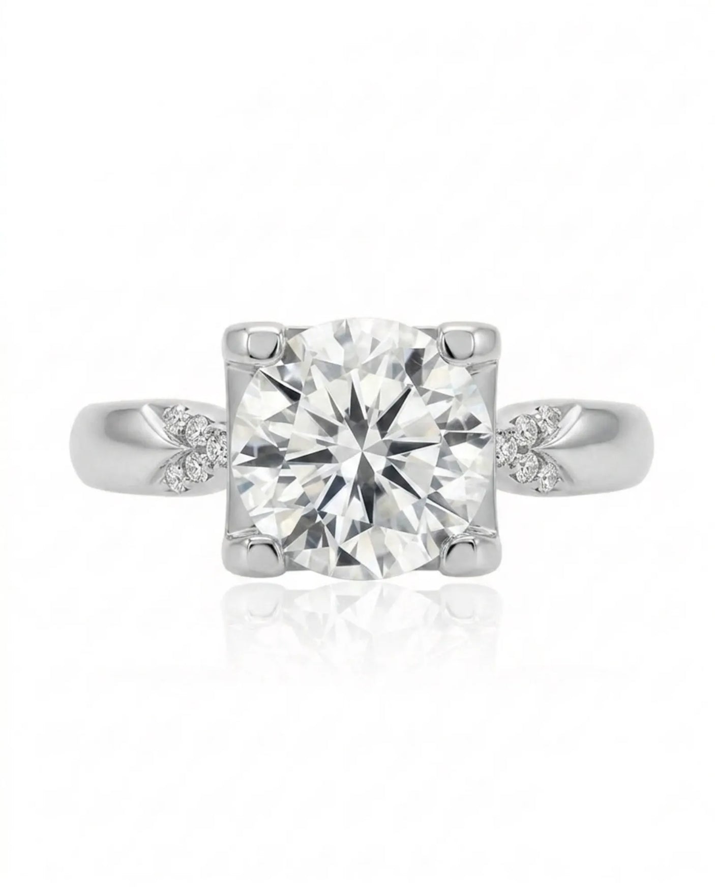 LUNA 1 carat round natural diamond four-prong engagement ring with natural diamond shoulders in platinum, front view | SARATTI