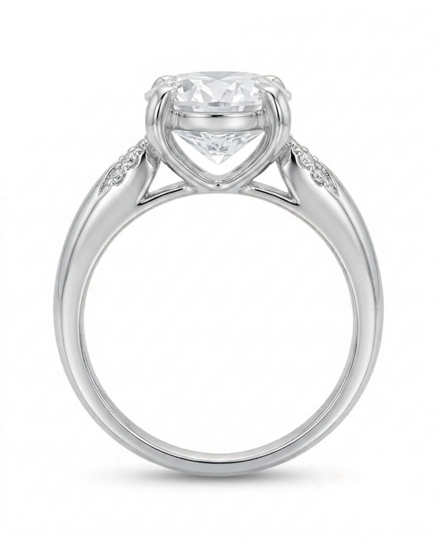 LUNA 1 carat round natural diamond four-prong engagement ring with natural diamond shoulders in platinum, side profile showing open heart gallery | SARATTI